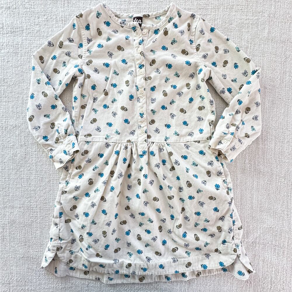 Tea Collection Girl's White Floral Corduroy Dress VGUC 7
